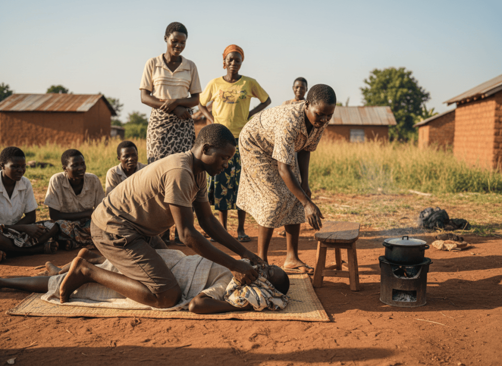 Illustration: a man cushioning a person's head with folded cloth while another moves a charcoal stove away, first aid for a seizure