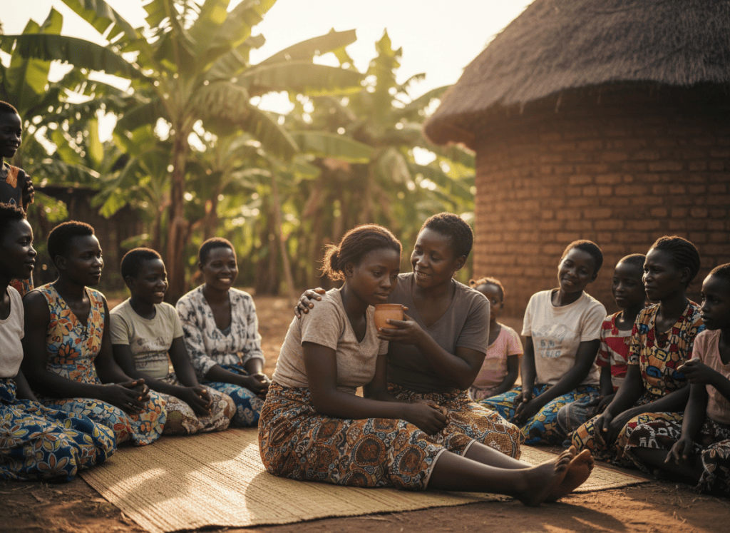Illustration: a family member comforting a woman with a cup of water as she recovers after a seizure in a Ugandan village